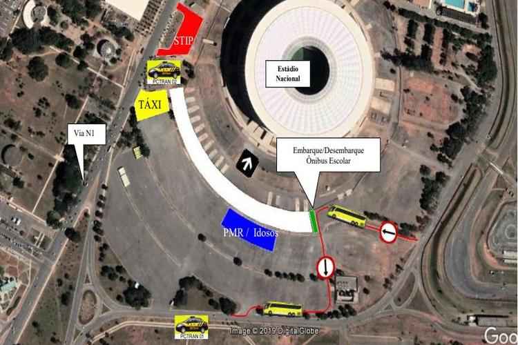 Mapa mostra alterações que serão feitas pelo Detran no estacionamento do Estádio Nacional