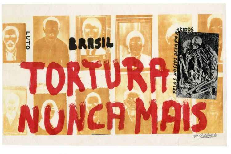 Obras do artista Paulo Bruscky na exposição PaLarva Poesia Visual e Sonora de Paulo Bruscky, na Caixa Cultural. Brasi - Tortura nunca mais, 1988.