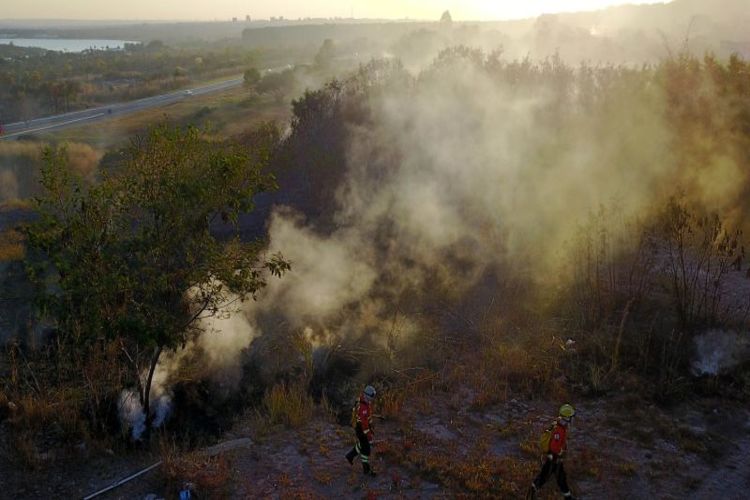 Bombeiros combatem incêndio em área florestal próximo ao Hospital Regional do Paranoá.