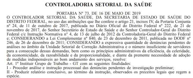 Cópia de um trecho da portaria que criou o grupo de trabalho na Controladoria Setorial da Saúde