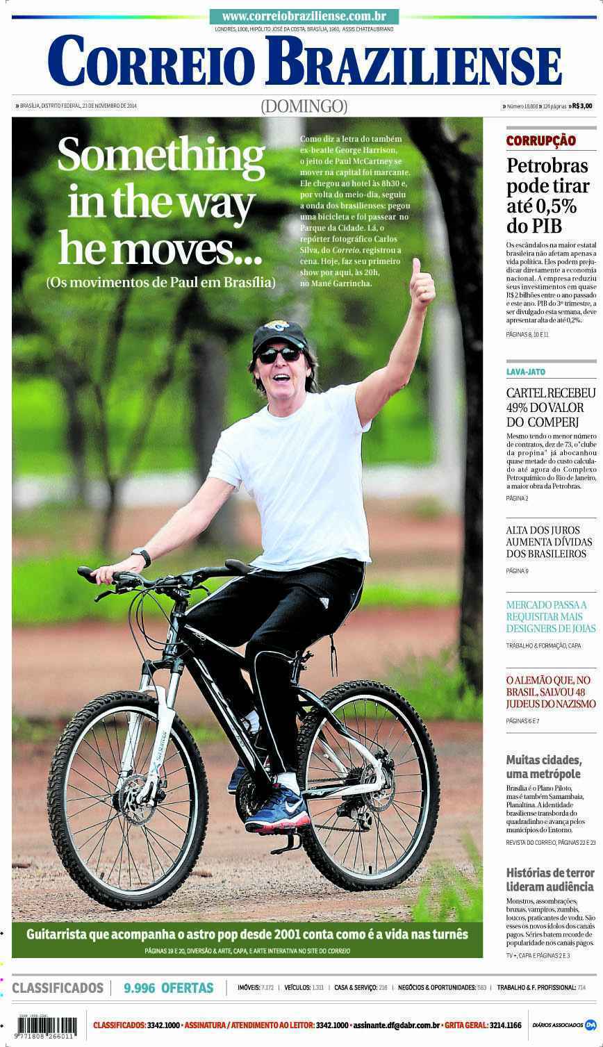 Capa do Correio Braziliense de 23 de novembro de 2014 com Paul McCartney andando de bicicleta no parque da Cidade em Brasília