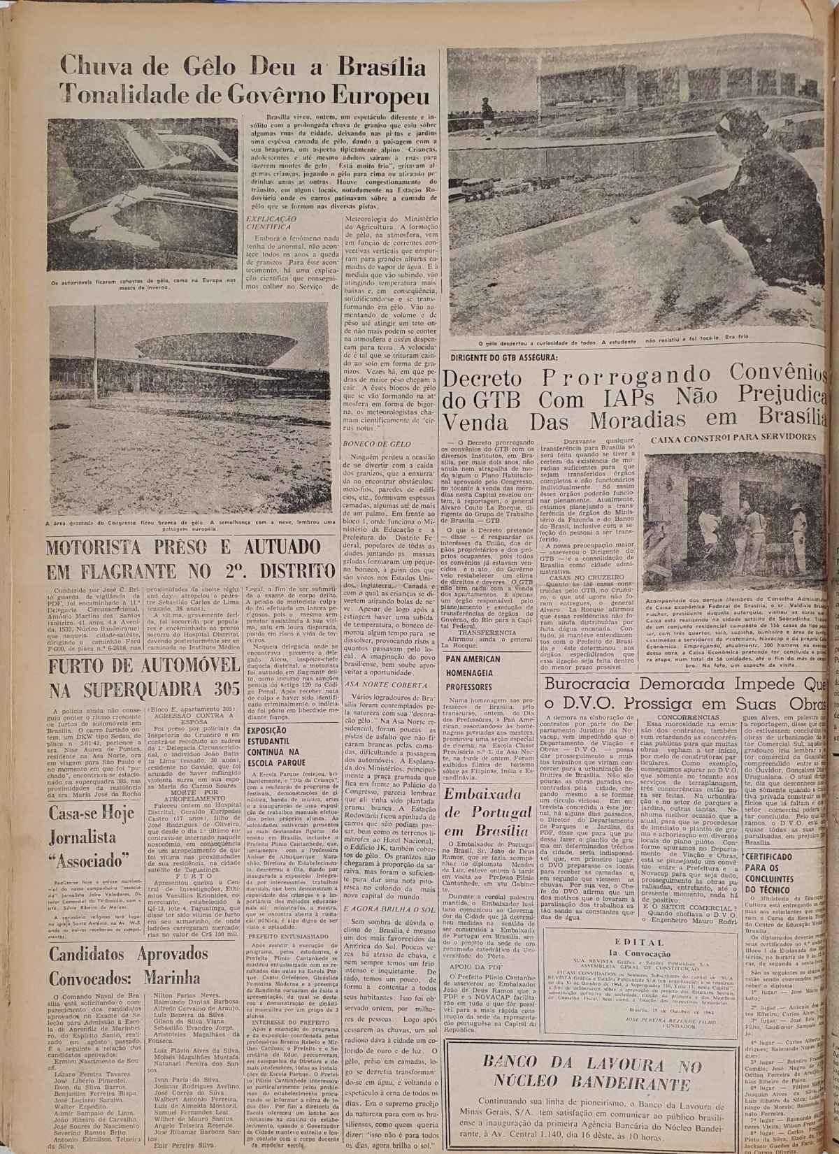 MatÃ©ria do Correio Braziliense de 16 de outubro de 1964 sobre chuva de gelo parecendo neve em BrasÃ­lia