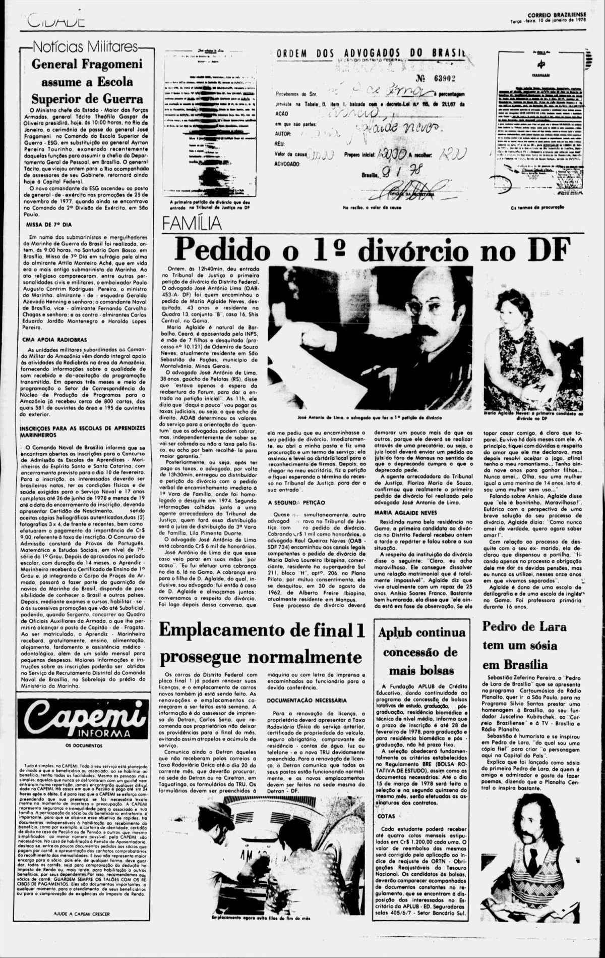 Correio Braziliense de 1Âº de janeiro de 1978 sobre o primeiro divÃ³rcio do DF, de Maria Aglaide