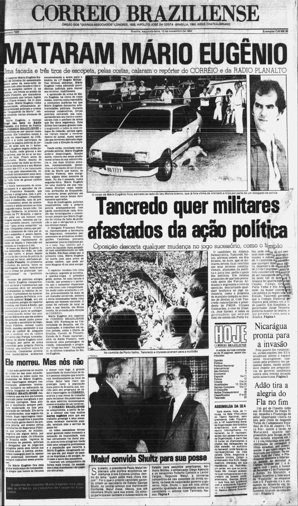 Capa do Correio Braziliense de 12 de novembro de 1984 sobre a morte do jornalista MÃ¡rio EugÃªnio