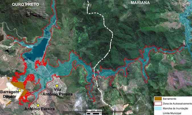 Mapa da Defesa Civil mostra Ã¡rea de inundaÃ§Ã£o em caso de rompimento da barragem