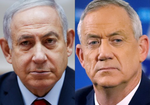 Esta combinaÃ§Ã£o de fotos mostra o primeiro-ministro israelense Benjamin Netanyahu e o general israelense Benny Gantz, um dos lÃ­deres da alianÃ§a polÃ­tica azul e branca (Kahol Lavan).