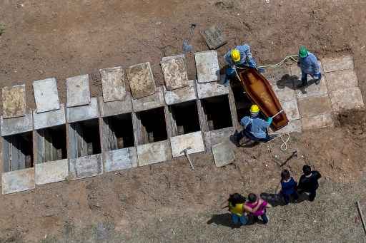 Vista aÃ©rea de um enterro no cemitÃ©rio Bom Jardim, o maior cemitÃ©rio pÃºblico de Fortaleza, CearÃ¡, Brasil, em 7 de maio de 2020. Dos 43 enterros de hoje no cemitÃ©rio, 16 eram suspeitos de casos covid-19 e sete confirmados.