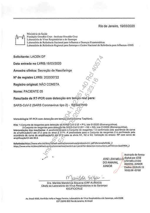 Por determinaÃ§Ã£o do Supremo Tribunal Federal, finalmente vem a pÃºblico o resultado do exame de Jair Bolsonaro para covid-19. Disputa judicial arrastou-se por dois meses. AGU informou que o presidente utilizou codinomes no HFA e na Fiocruz