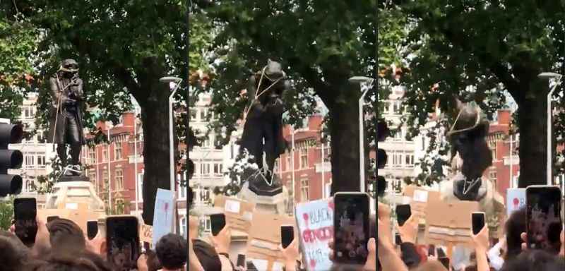 TrÃªs momentos em Bristol: grupo lanÃ§a uma corda no monumento em homenagem ao mercador de escravos Edward Colston, que Ã© derrubado e, posteriormente, jogado no Rio Avon