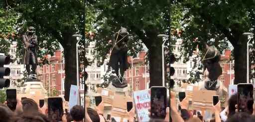 Esta combinaÃ§Ã£o de imagens mostra manifestantes derrubando uma estÃ¡tua do comerciante de escravos Edward Colston em Bristol, no sudoeste da Inglaterra, durante uma manifestaÃ§Ã£o organizada para mostrar solidariedade ao Movimento Black Lives Matter apÃ³s o assassinato de George Floyd.