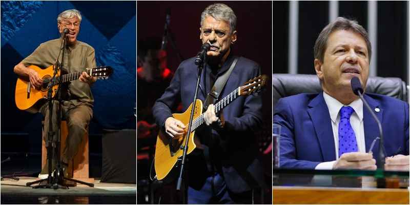 Montagem com fotos de Caetano Veloso, Chico Buarque e Bibo Nunes