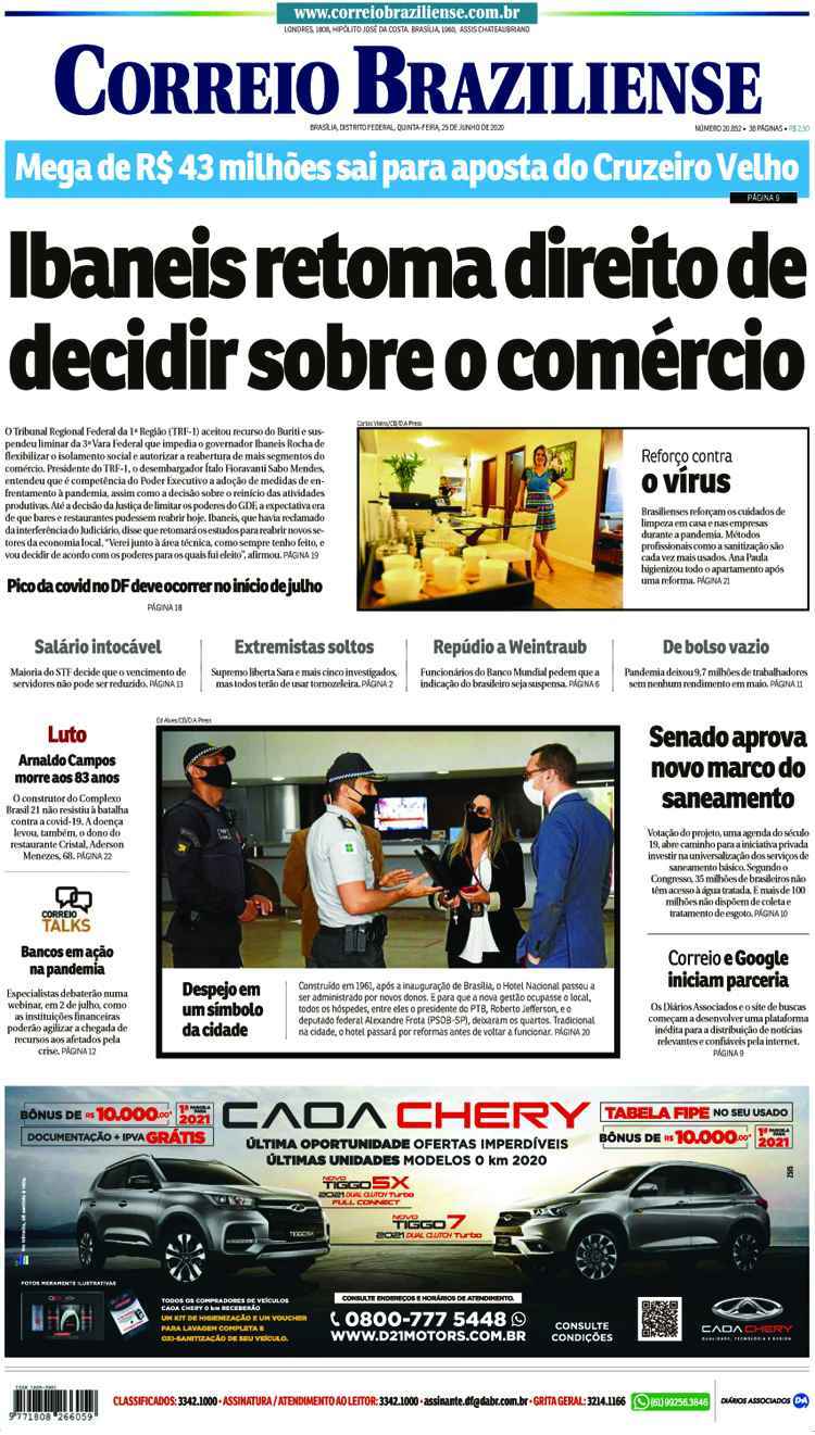 Confira a Capa do Jornal Correio Braziliense do dia 25/06/2020